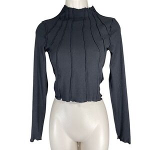 Ardene Mock Neck crop Top W/S Black Ribbed Exposed Seam Long Sleeve NWOT